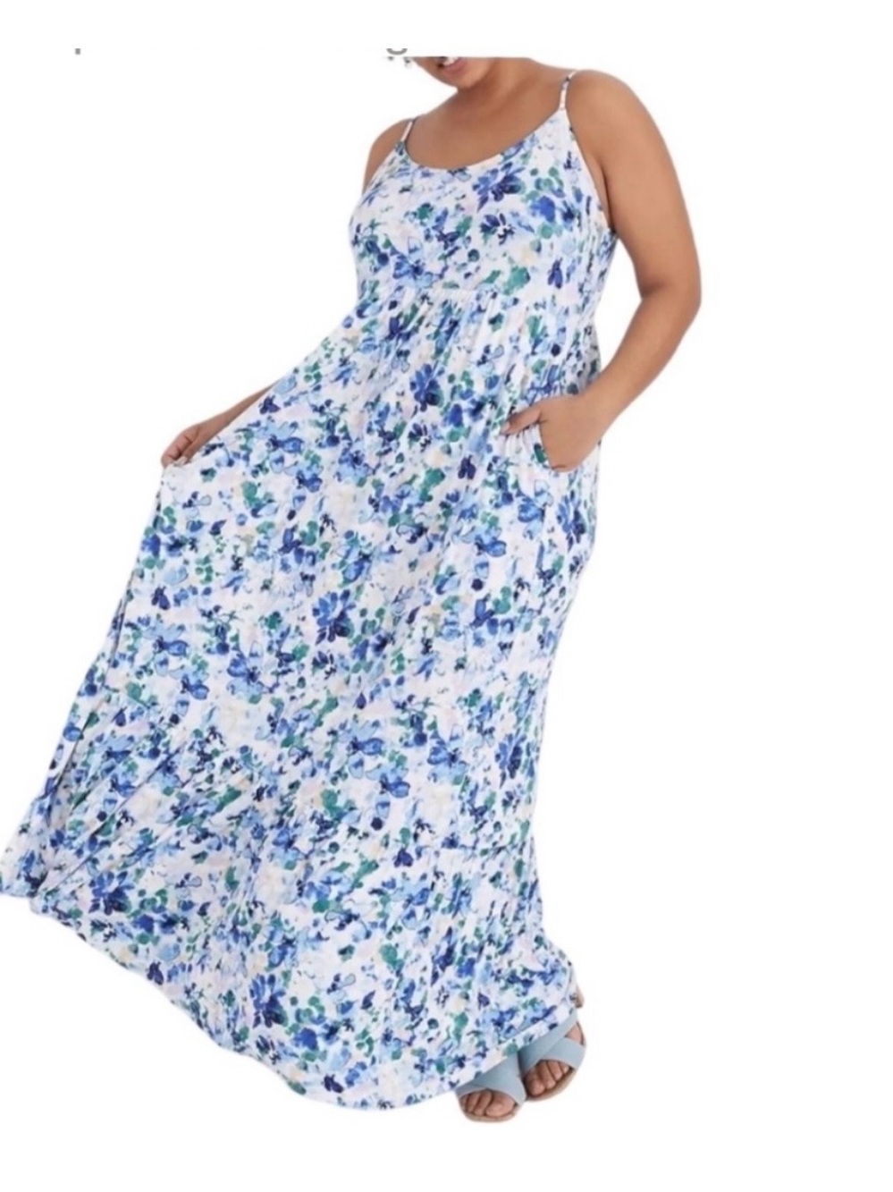 Lane Bryant White Maxi Dress with Blue & Teal Floral Print
